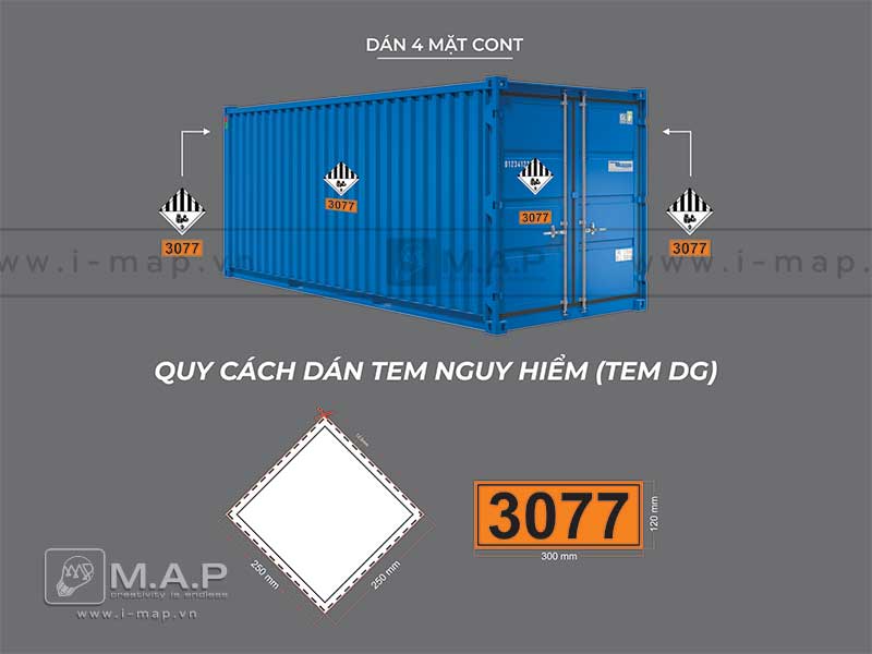 H&igrave;nh ảnh một container vận tải với tem decal nguy hiểm được d&aacute;n đ&uacute;ng vị tr&iacute; ở cả bốn mặt.
